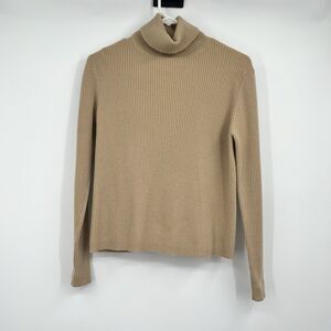 NEIMAN MARCUS 100% Cashmere Ribbed Sweater M Turtleneck Tan Soft Cozy Classy